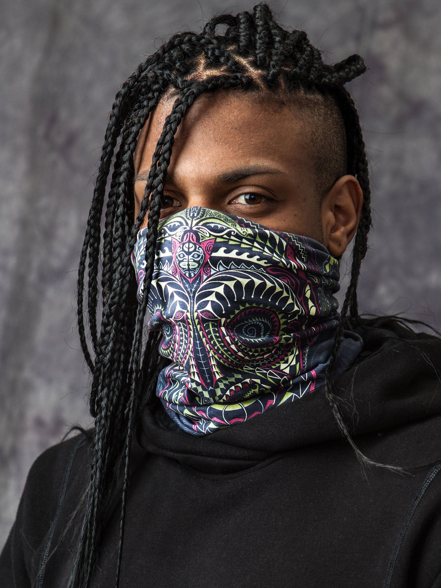 Ta Wise Monkey Neck Gaiter Grey — visionary art by Symbolika