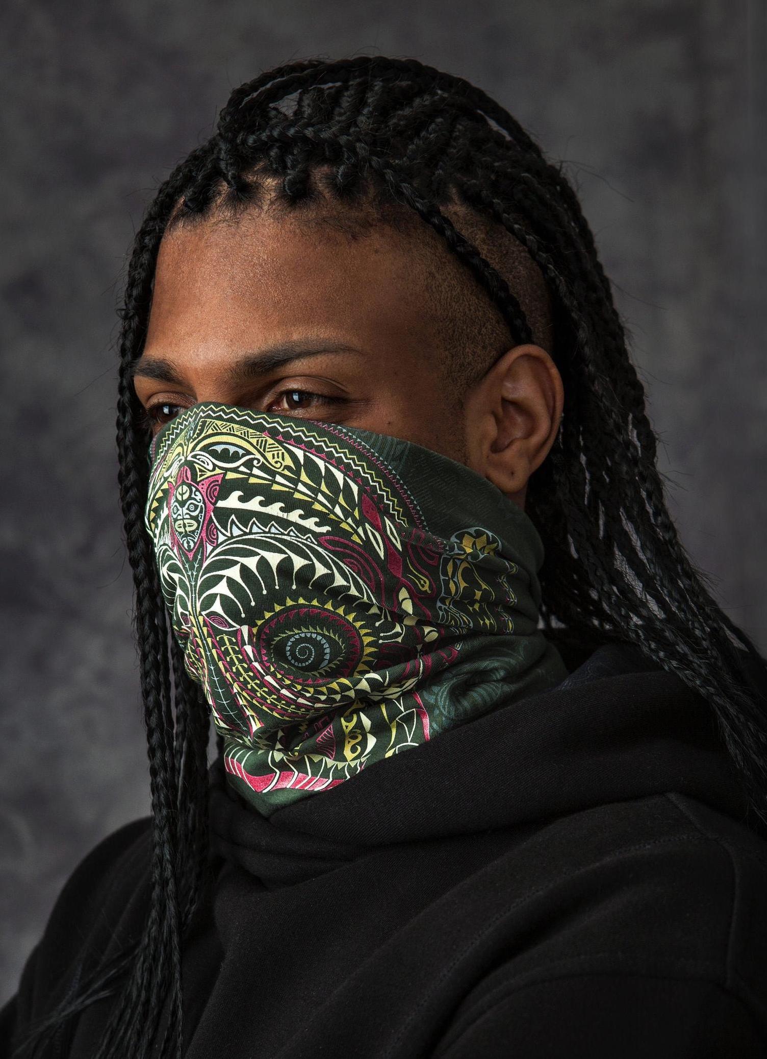 Ta Wise Monkey Neck Gaiter Olive — visionary art by Symbolika