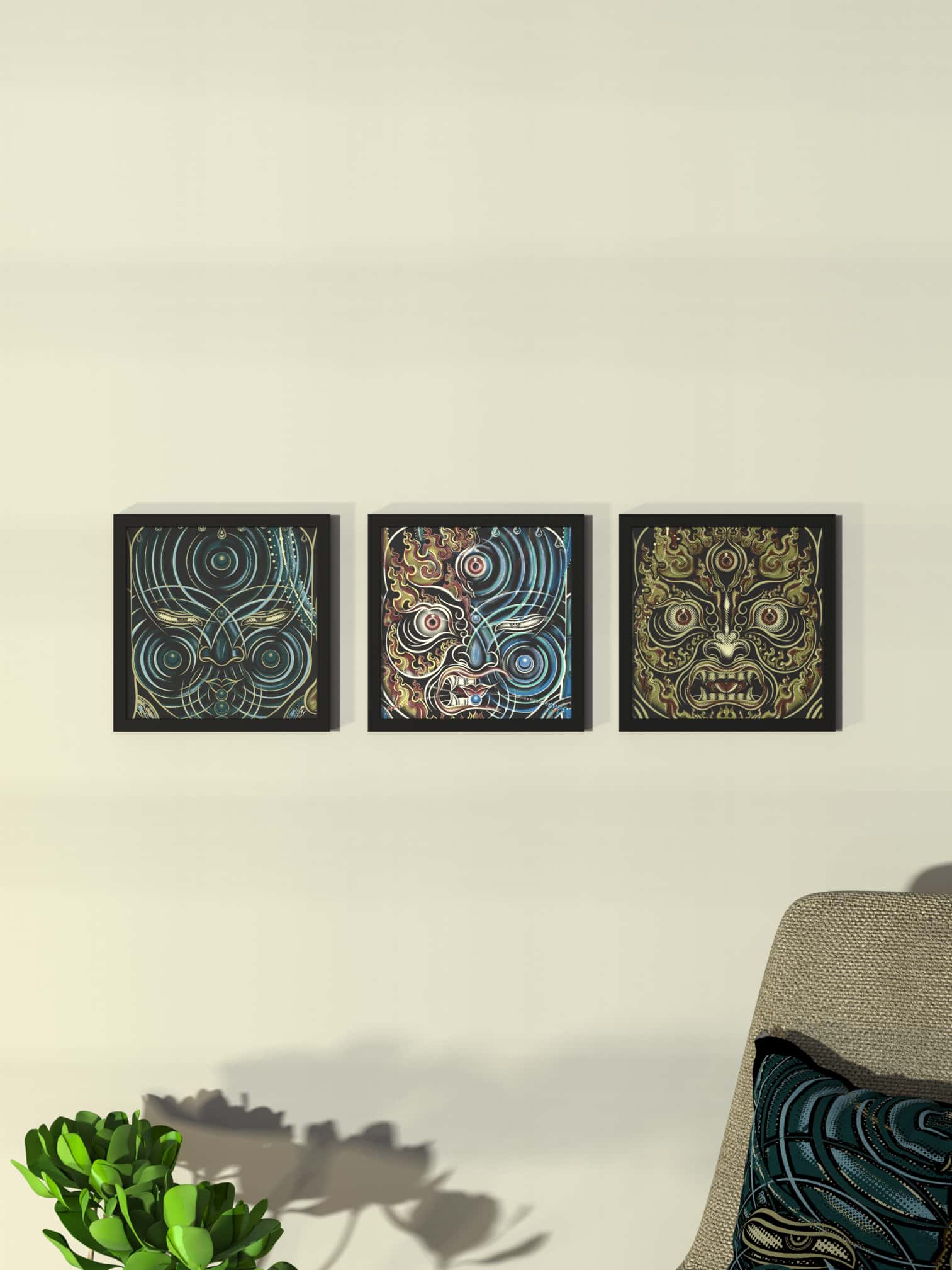 Set of 3 YogaBhoga Faces Framed Poster - symbolika