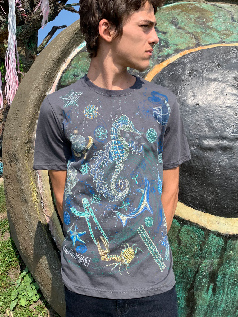 Blueprint II Sea T-Shirt Grey — visionary art by Symbolika