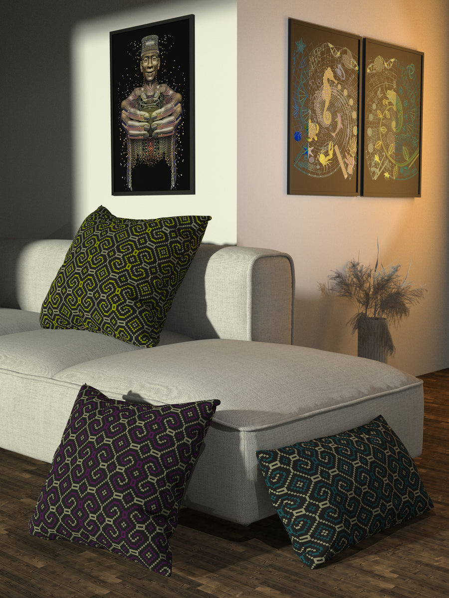 Shipibo - Conibo Cushion - Purple Beige on Black - symbolika