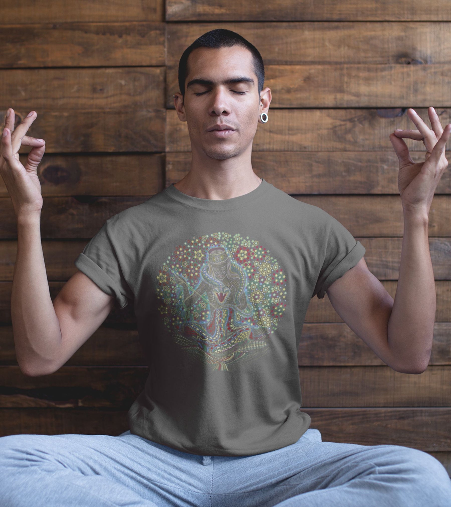 Song Weaving Mandala T-Shirt — Meditation Art Men Tshirt - Detail Close-Up by Symbolika