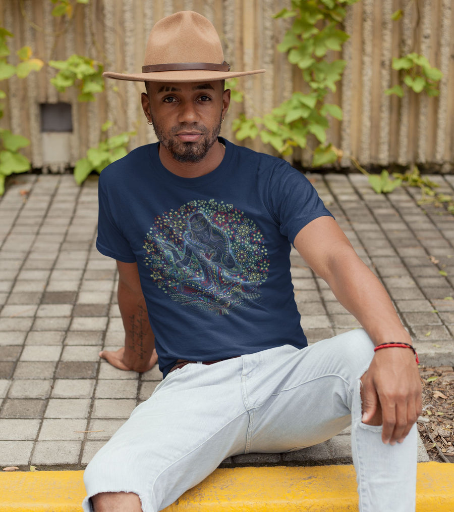 Song Weaving Mandala T-Shirt — Meditation Art Men Tshirt - Back View by Symbolika