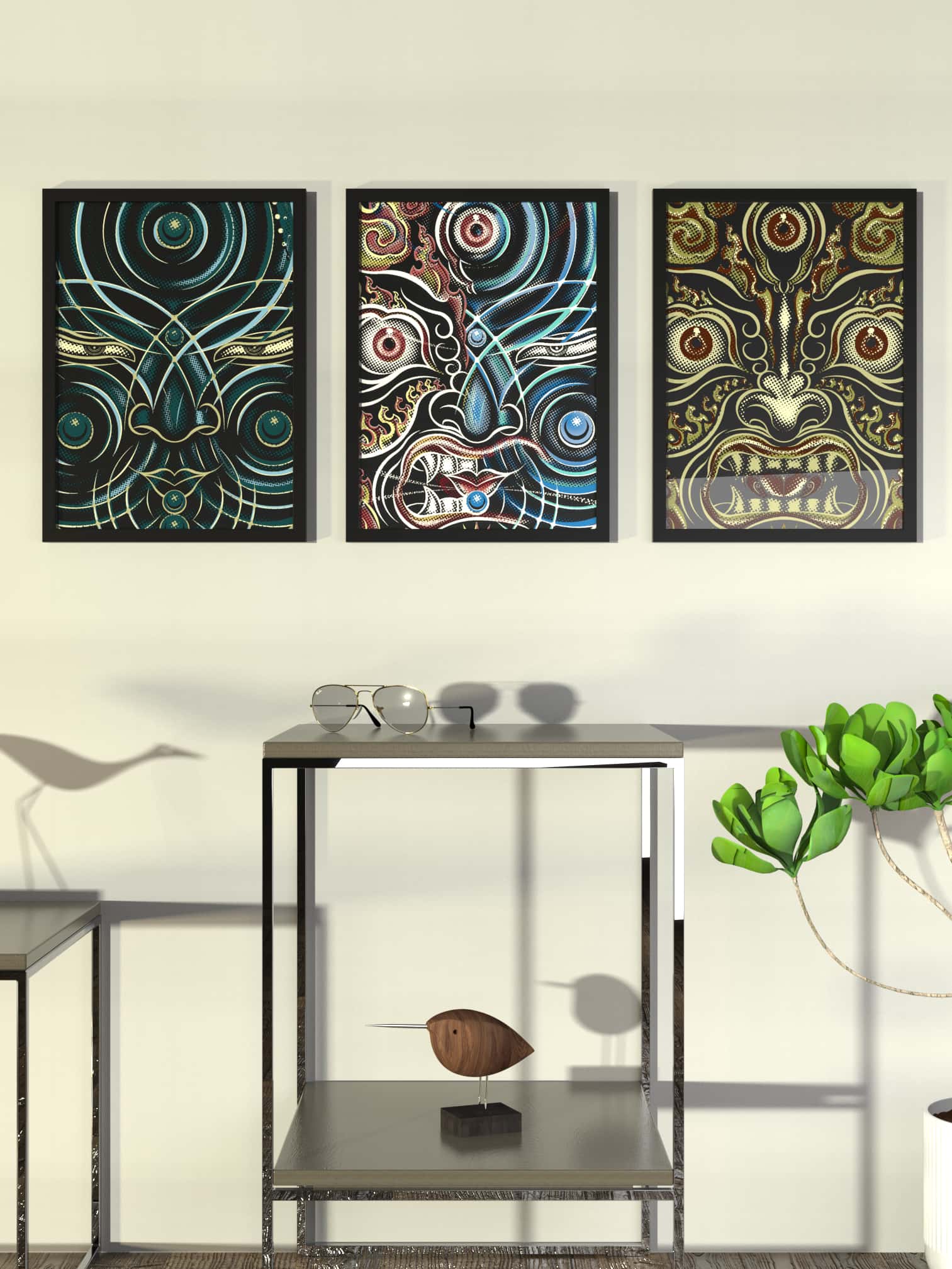 Set of 3 YogaBhoga Faces Framed Poster - symbolika