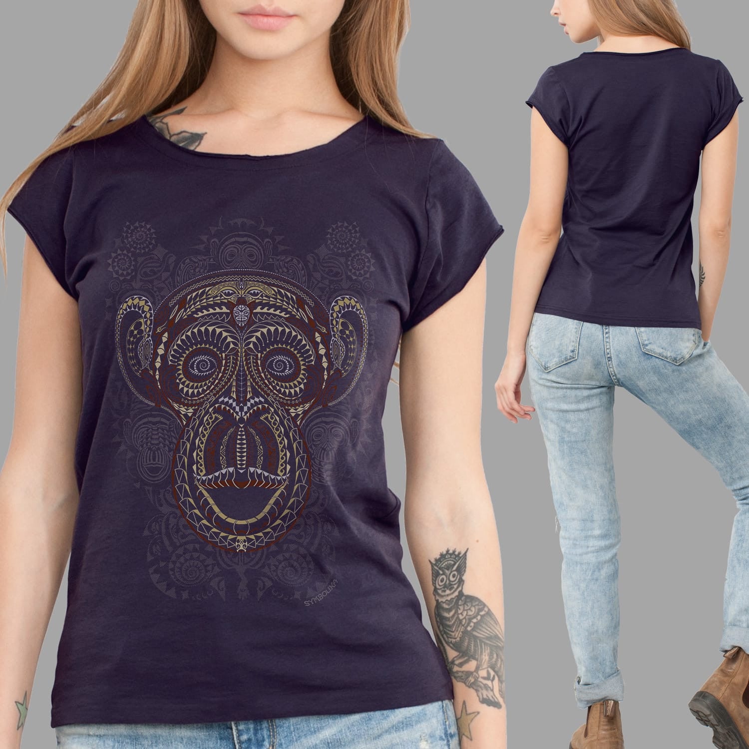 Ta Wise Monkey Slim Fit T-Shirt Aubergine — visionary art by Symbolika