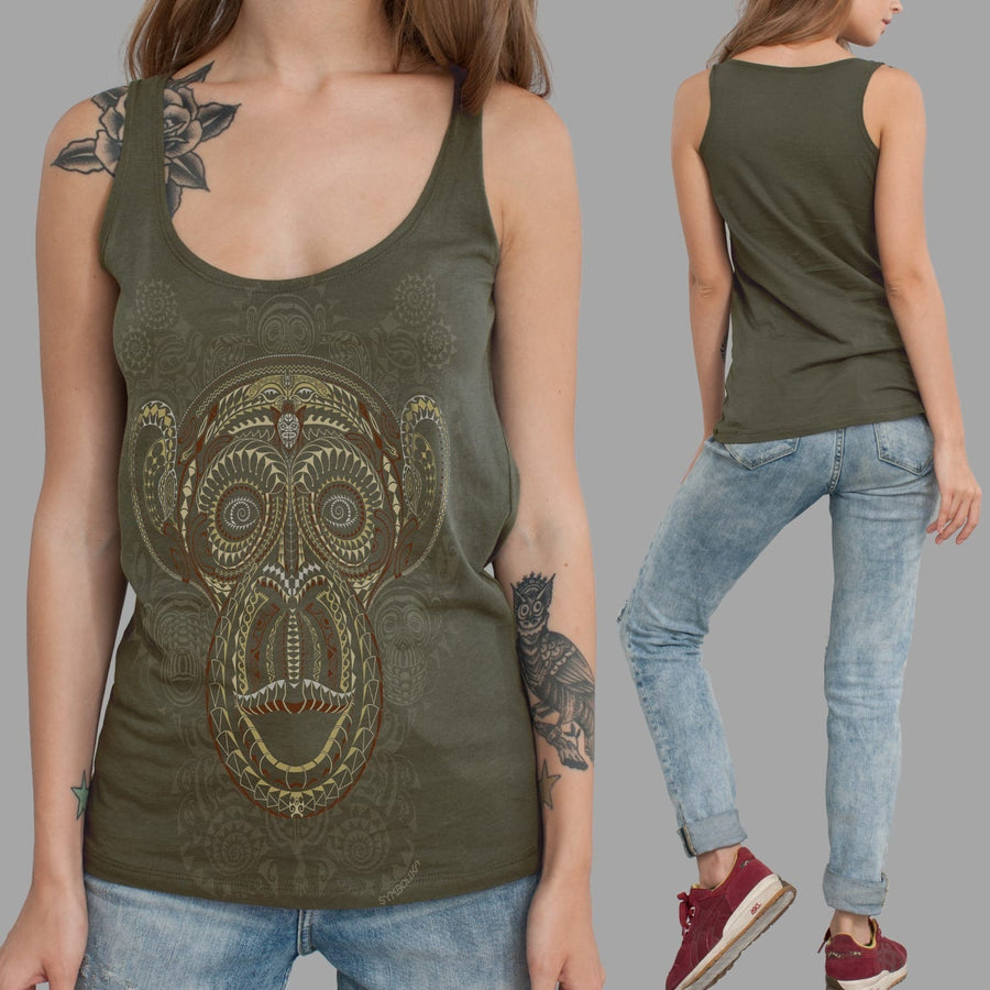 Ta Wise Monkey Tank Top Olive — visionary art by Symbolika